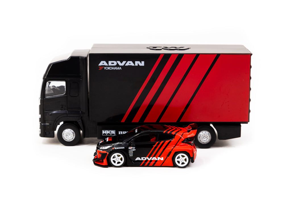 Tarmac Works 1:64 Pandem Yaris ADVAN 红黑涂装与运输卡车包装