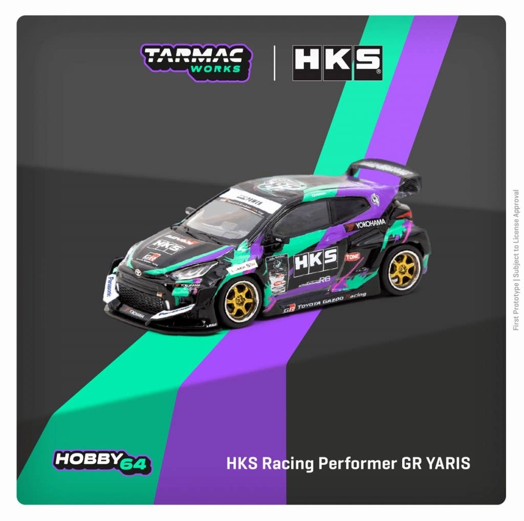 Tarmac Works 1:64 HKS Racing Performer GR Yaris 黑车身青紫条纹
